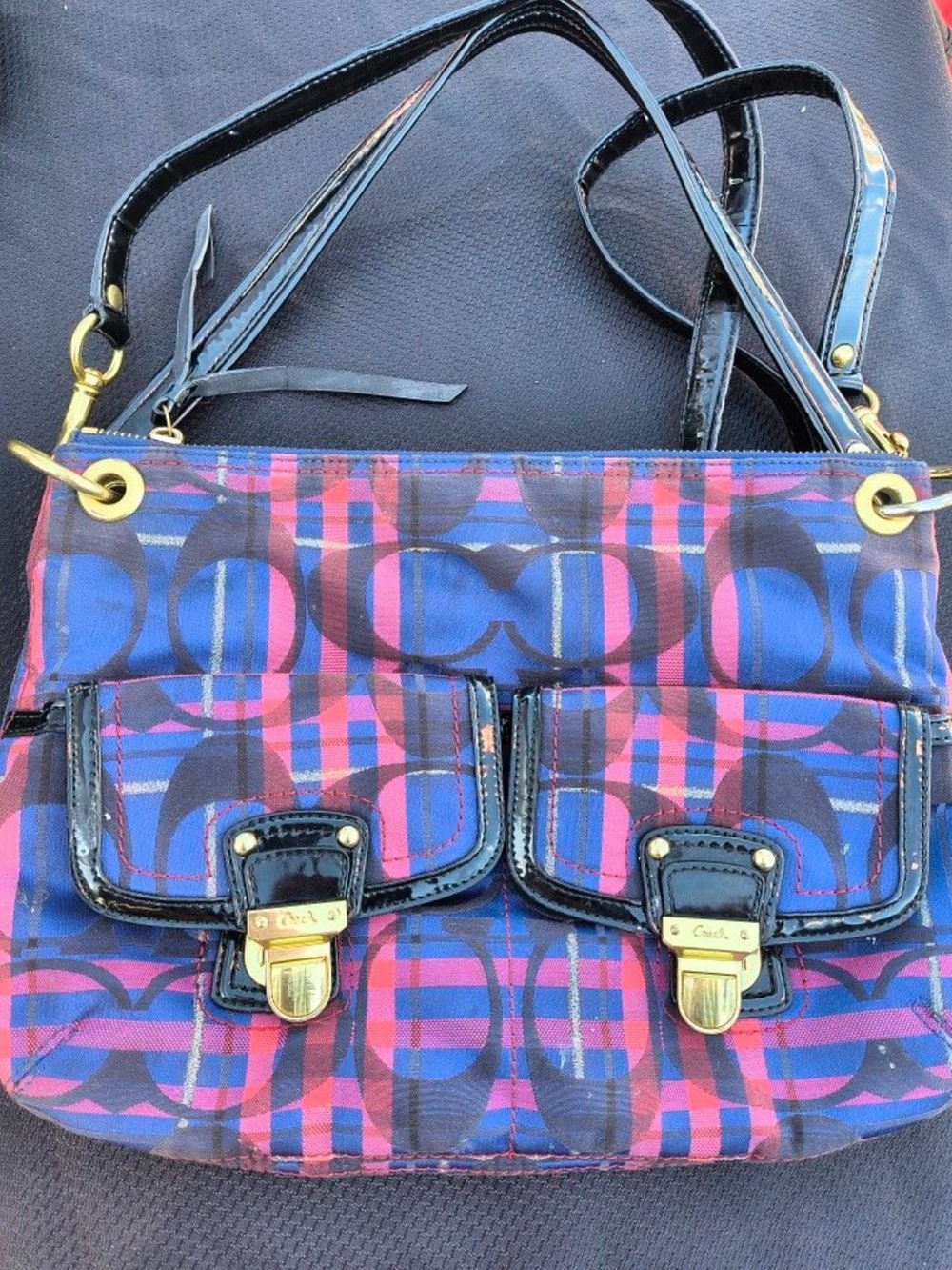 Coach Poppy Blue and Pink Plaid Signature Shoulder Bag